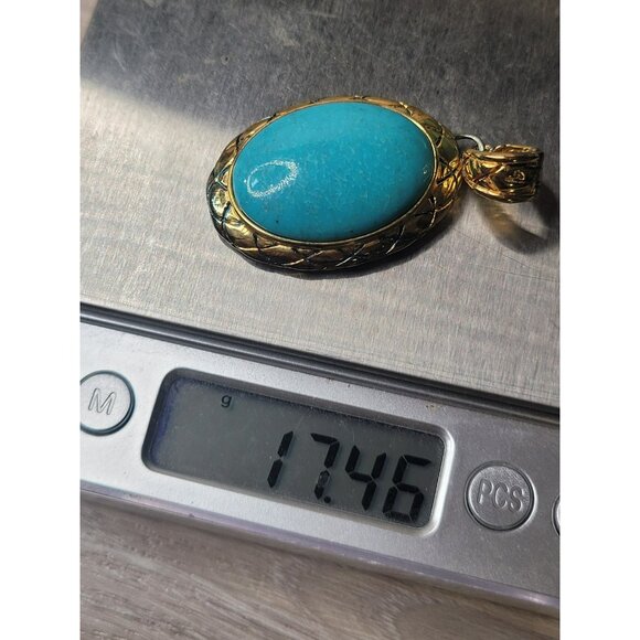 Large Oval Turquoise & Gold Tone Filigree Pendant 17.46g Vintage Boho 177 - Picture 4 of 6